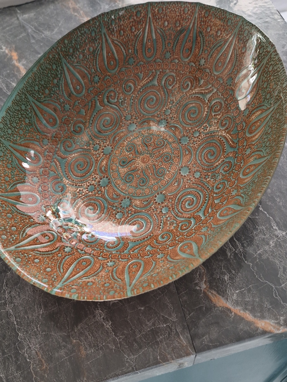 Turkish Topkapi Oval Art Glass Centerpiece turquoise  gold patterned glaze Bowl